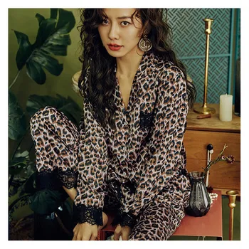 2020 m. Pavasarį Naujas Moterų Sexy, Leopardas spausdinimui Pajama Nustatyti Komforto, Minkšti, Šilko, Satino 2vnt Nėrinių Sleepwear Ponios Plonas Homewear Laisvalaikio Drabužiai