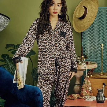 2020 m. Pavasarį Naujas Moterų Sexy, Leopardas spausdinimui Pajama Nustatyti Komforto, Minkšti, Šilko, Satino 2vnt Nėrinių Sleepwear Ponios Plonas Homewear Laisvalaikio Drabužiai Nuotrauka 2