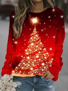 2021 Apvalios Kaklo negabaritinių hoodie Moterų Palaidinukė Nauja Meno Atspausdintas Kalėdų Kraštovaizdžio Megztinis ilgomis Rankovėmis Didelio Dydžio Viršų Nuotrauka 2