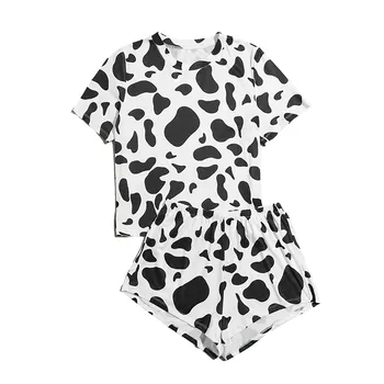 2021 Moterų Sleepwear Karvių Spausdinti Trumpi Pižama Pajama Nustatyti Saldus trumpomis Rankovėmis T Marškinėliai Šortai Vasarą Pijama Atitikimo Rinkiniai Nuotrauka 2