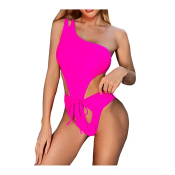 2021 Vasaros Moterų Neon Pink Tuščiaviduriai Vientisas Lankas Bikini Monokini Stumti Iki Paplūdimio Maudymosi Kostiumėliai Maudymosi Kostiumėlį, Seksualus Vieną Petį Bodysuit Nuotrauka 2