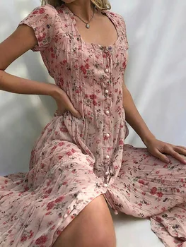 2021 vasaros naują single-breasted gėlių trumpas rankovėmis suknelė