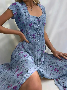 2021 vasaros naują single-breasted gėlių trumpas rankovėmis suknelė Nuotrauka 2