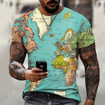 3D Pasaulio Žemėlapyje Street Modelio vyriški T-shirt Retro Tendencijos Mados Naują Drabužių Universalus Viršutinio Europos Žemėlapis Dizaino Tees Dydis XXS-6XL
