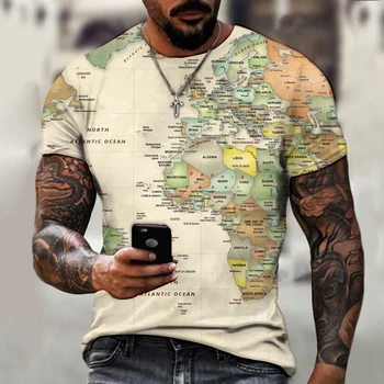 3D Pasaulio Žemėlapyje Street Modelio vyriški T-shirt Retro Tendencijos Mados Naują Drabužių Universalus Viršutinio Europos Žemėlapis Dizaino Tees Dydis XXS-6XL Nuotrauka 2