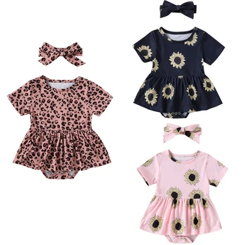FOCSNORM 3 Stilius Baby Girl Romper Suknelė Vasaros Leopard/Saulėgrąžos Spausdinti Jumpsuits ir Lankelis 0-18M Nuotrauka 2