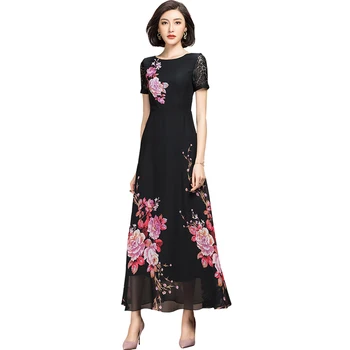 Juodos Spalvos Šifono Suknelė 2021 M. Vasaros Moterų Mados Slim Spausdinimo Ilga Suknelė Nauja Trumpas Rankovės Šifono Gėlių Suknelė