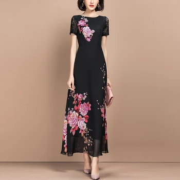 Juodos Spalvos Šifono Suknelė 2021 M. Vasaros Moterų Mados Slim Spausdinimo Ilga Suknelė Nauja Trumpas Rankovės Šifono Gėlių Suknelė Nuotrauka 2