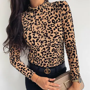 Moteris Rudens-Žiemos Viršuje Leopardas Spausdinti Pagrindinio T Elegantiškas Marškinėliai ilgomis Rankovėmis Vėžlys Kaklo Tee Marškinėliai Femme Ponios marškinėlius Streetwear Nuotrauka 2