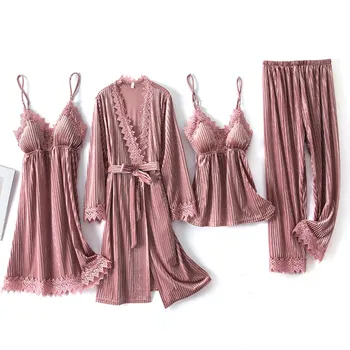 Nauja Rudens Moterų pižama rinkinys Sexy Aksomo Pižama moterų nėriniai kilpos nightie 4 dalių kostiumas su krūtinės mygtukai keturių dalių Sleepgown