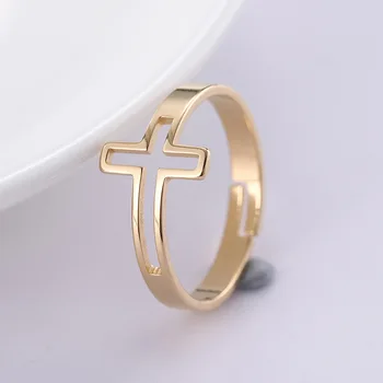 Naujas Minimalistinis Aukso Spalvos Kryžiaus Žiedas Paprasta Atidaryti Reguliuojamas Žiedai Moterims Krikščionių Dovana Karka Papuošalai