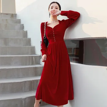 Pinkoz derliaus elegantiška juoda raudona aksomo žiemos aukšto juosmens moterų midi suknelė-line chic 