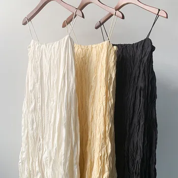 Tote*e moterų vasaros sezono metu šilko velniop kaklo raukšlės atsitiktinis laisvo stiliaus spageti dirželis vidurio blauzdos suknelė trumpa versija!! Nuotrauka 2