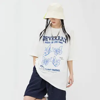 Trumparankoviai marškinėliai medvilnės prarasti viršuje 2021 vyrų ir moterų, gatvės, hip-hop abėcėlė drugelis drabužių Harajuku T-shirt vasaros