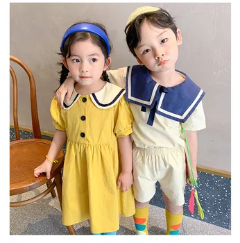 Vasaros korėjos stiliaus Brolis ir sesuo drabužių medvilnės skalbiniai sailor apykaklės mados drabužių rinkiniai, mergaitės suknelė Nuotrauka 2